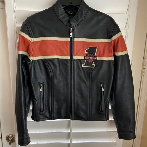 Harley-Davidson Other - Authentic Men's Harley Davidson Black & Orange Leather Jacket Small EUC​​​​​​​​